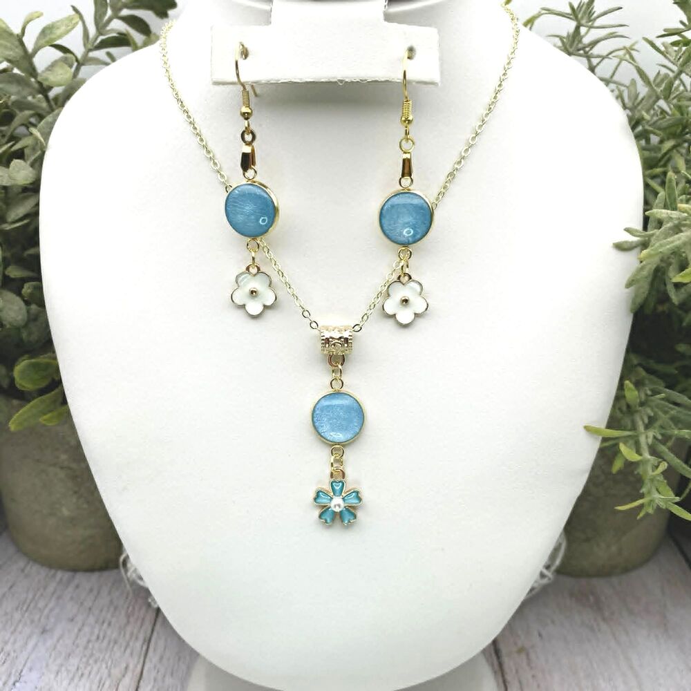 Gold Tone Blue Enamel Floral Jewelry Set Necklace & Dangle Earrings Matching Set